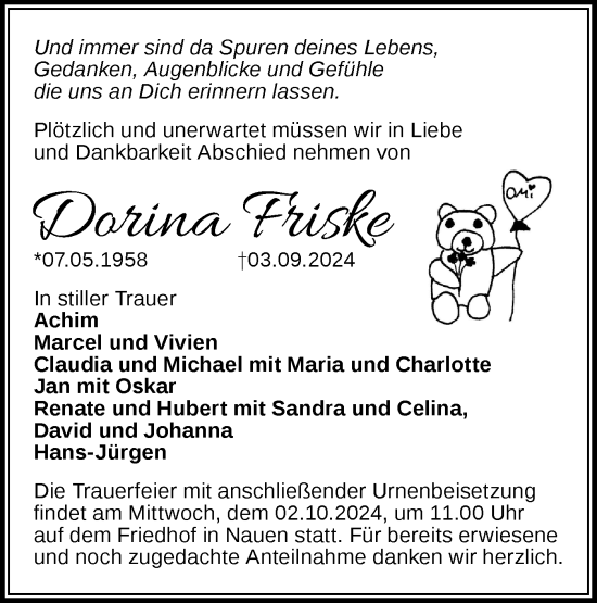 Traueranzeige von Dorina Friske von Märkische Oderzeitung