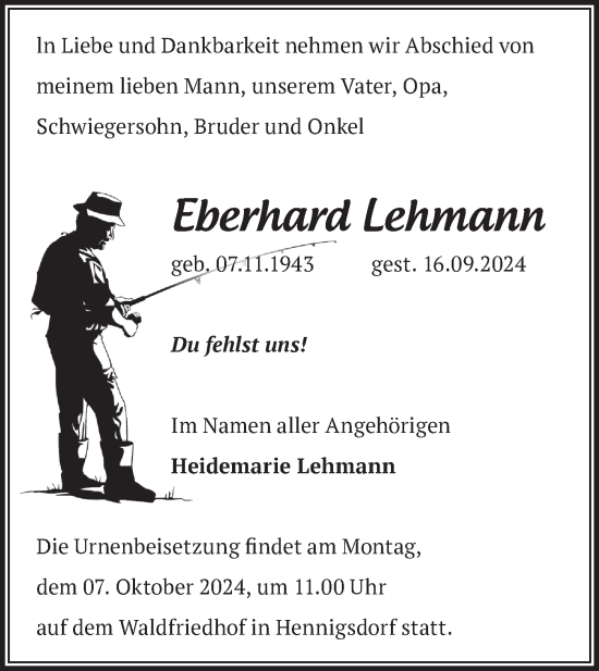 Traueranzeige von Eberhard Lehmann von Märkische Oderzeitung