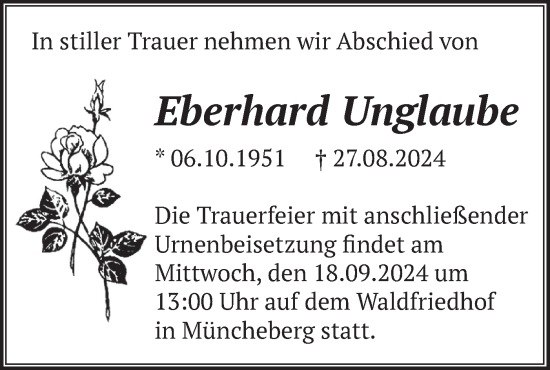 Traueranzeige von Eberhard Unglaube von Märkische Oderzeitung