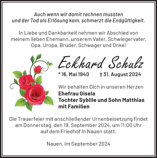 Traueranzeige von Eckhard Schulz von Märkische Oderzeitung