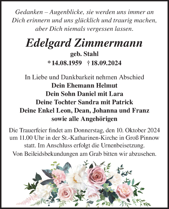 Traueranzeige von Edelgard Zimmermann von Märkische Oderzeitung