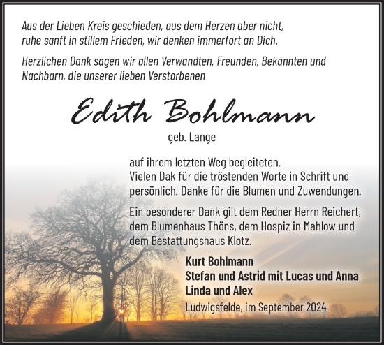 Traueranzeige von Edith Bohlmann von Märkische Oderzeitung