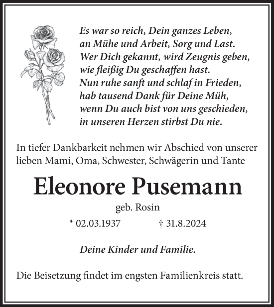 Traueranzeige von Eleonore Pusemann von Märkische Oderzeitung