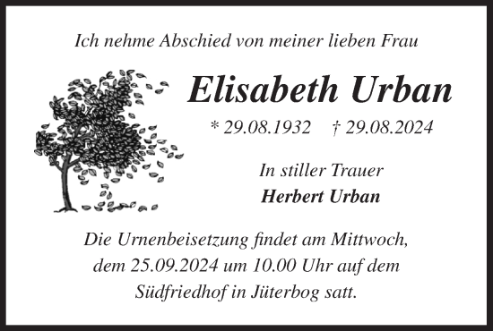 Traueranzeige von Elisabeth Urban von Märkische Oderzeitung