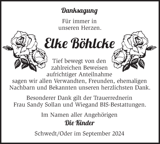 Traueranzeige von Elke Böhlcke von Märkische Oderzeitung