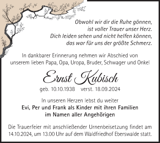 Traueranzeige von Ernst Kubisch von Märkische Oderzeitung