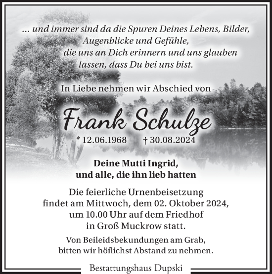 Traueranzeige von Frank Schulze von Märkische Oderzeitung