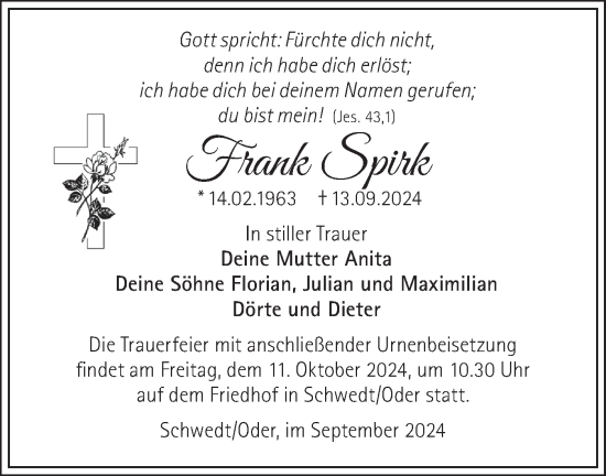 Traueranzeige von Frank Spirk von Märkische Oderzeitung