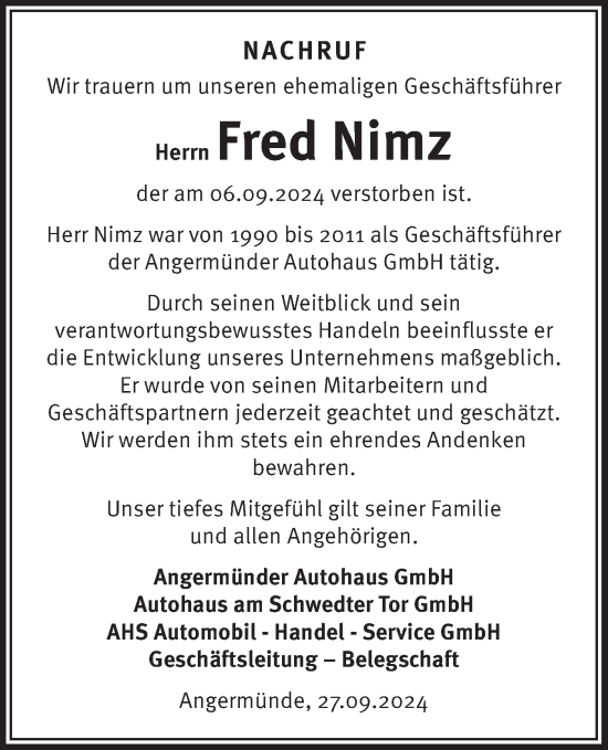 Traueranzeige von Fred Nimz von Märkische Oderzeitung