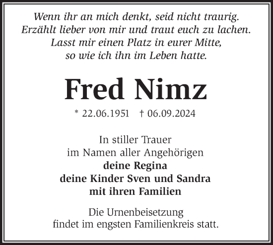 Traueranzeige von Fred Nimz von Märkische Oderzeitung