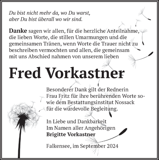 Traueranzeige von Fred Vorkastner von Märkische Oderzeitung