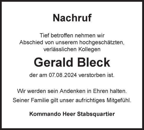 Traueranzeige von Gerald Bleck von Märkische Oderzeitung