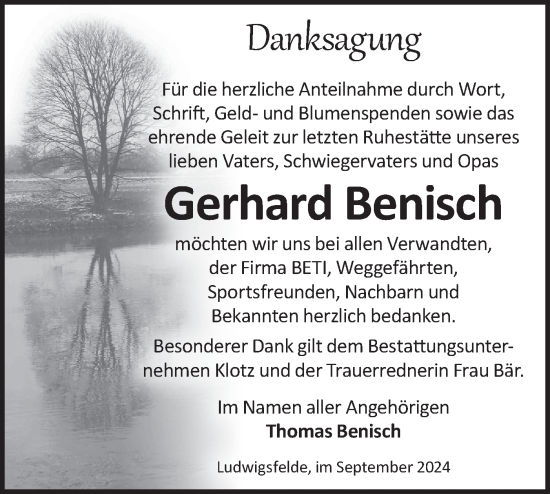 Traueranzeige von Gerhard Benisch von Märkische Oderzeitung