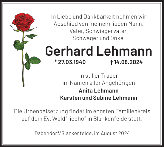 Traueranzeige von Gerhard Lehmann von Märkische Oderzeitung