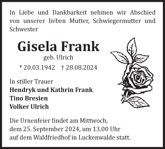 Traueranzeige von Gisela Frank von Märkische Oderzeitung