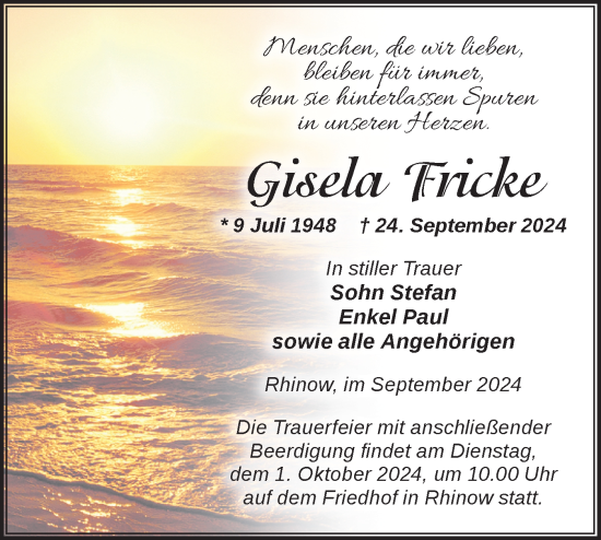 Traueranzeige von Gisela Fricke von Märkische Oderzeitung