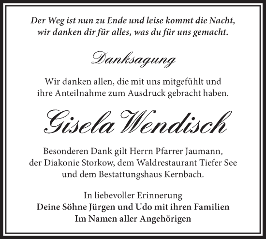 Traueranzeige von Gisela Wendisch von Märkische Oderzeitung