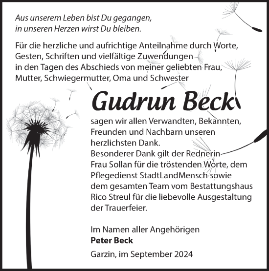 Traueranzeige von Gudrun Beck von Märkische Oderzeitung