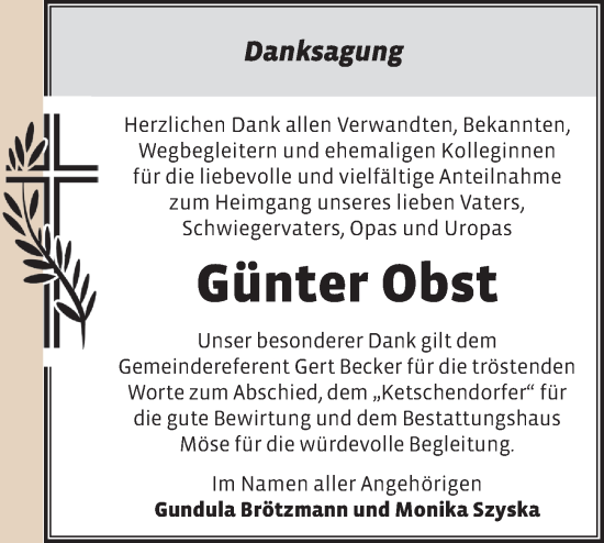 Traueranzeige von Günter Obst von Märkische Oderzeitung