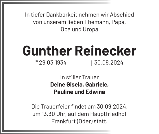 Traueranzeige von Gunther Reinecker von Märkische Oderzeitung