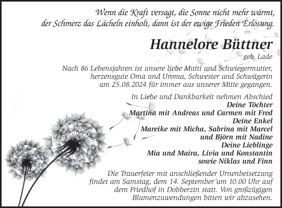 Traueranzeige von Hannelore Büttner von Märkische Oderzeitung