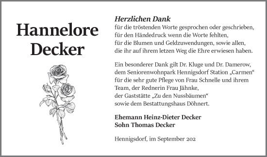 Traueranzeige von Hannelore Decker von Märkische Oderzeitung