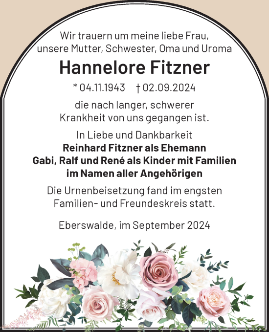 Traueranzeige von Hannelore Fitzner von Märkische Oderzeitung