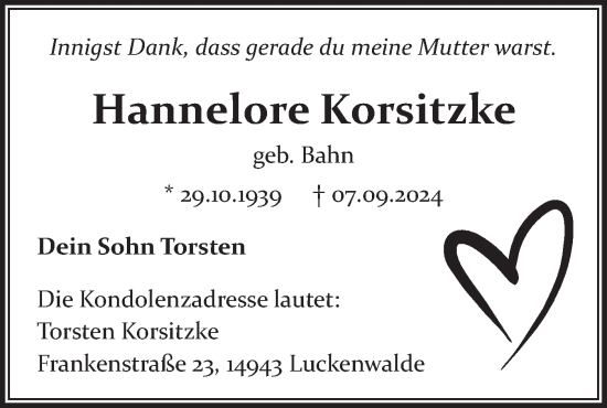 Traueranzeige von Hannelore Korsitzke von Märkische Oderzeitung