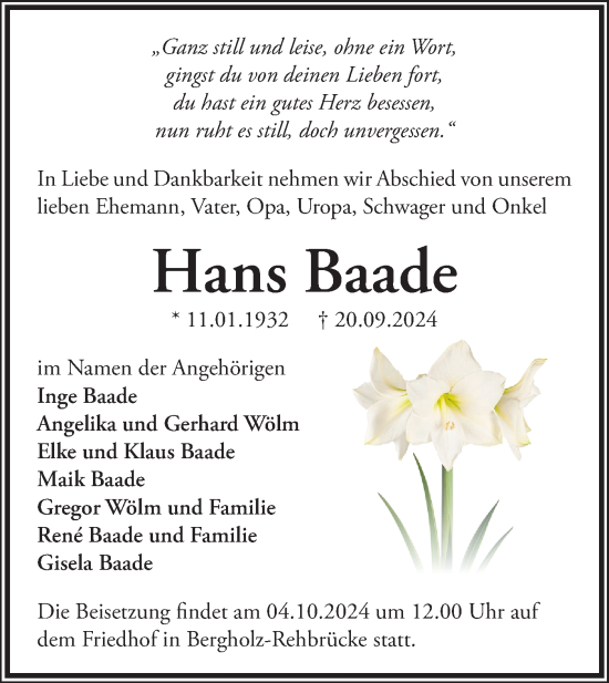 Traueranzeige von Hans Baade von Märkische Oderzeitung