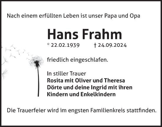 Traueranzeige von Hans Frahm von Märkische Oderzeitung