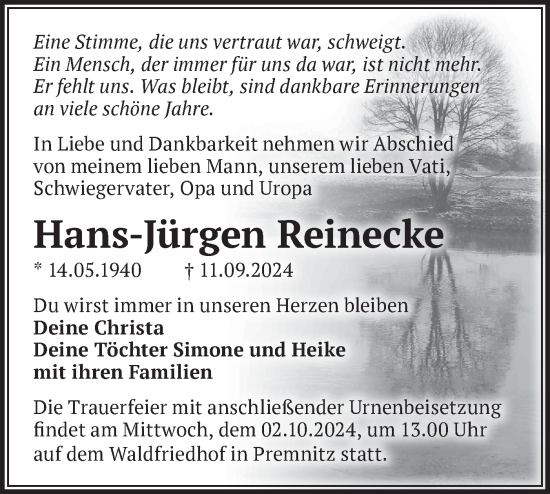 Traueranzeige von Hans-Jürgen Reinecke von Märkische Oderzeitung