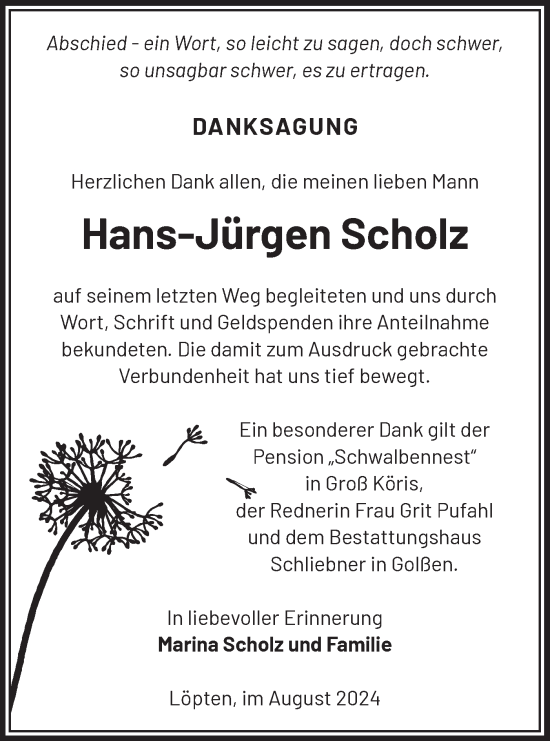 Traueranzeige von Hans-Jürgen Scholz von Märkische Oderzeitung