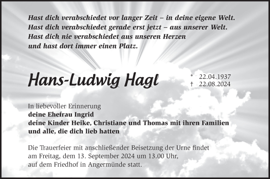 Traueranzeige von Hans-Ludwig Hagl von Märkische Oderzeitung