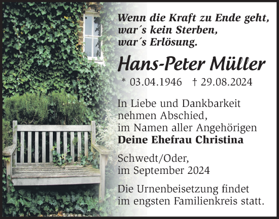 Traueranzeige von Hans-Peter Müller von Märkische Oderzeitung