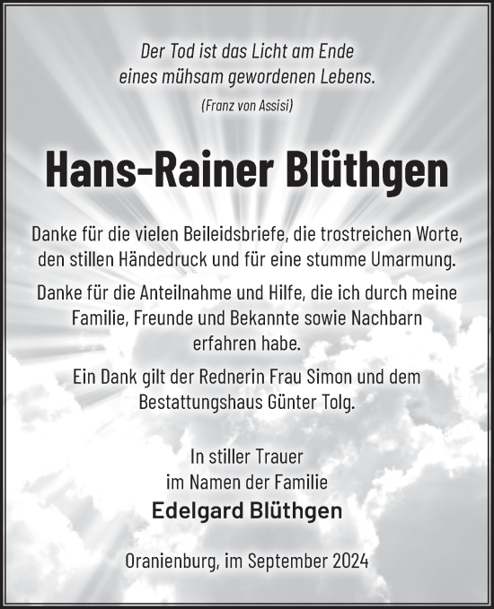 Traueranzeige von Hans-Rainer Blüthgen von Märkische Oderzeitung