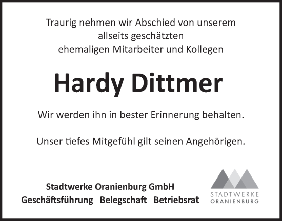 Traueranzeige von Hardy Dittmer von Märkische Oderzeitung