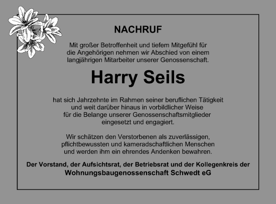 Traueranzeige von Harry Seils von Märkische Oderzeitung