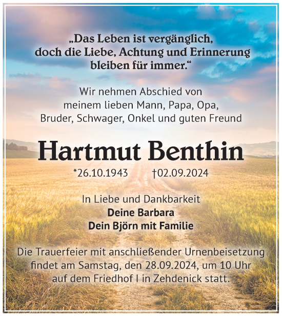 Traueranzeige von Hartmut Benthin von Märkische Oderzeitung