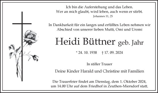 Traueranzeige von Heidi Büttner von Märkische Oderzeitung