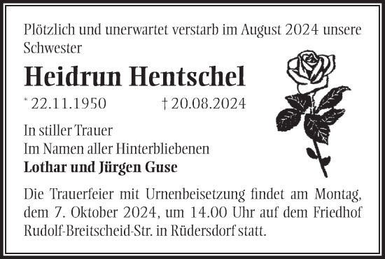 Traueranzeige von Heidrun Hentschel von Märkische Oderzeitung