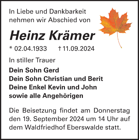 Traueranzeige von Heinz Krämer von Märkische Oderzeitung