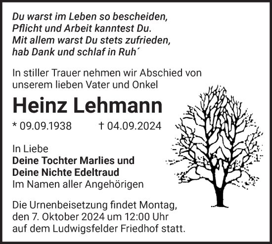 Traueranzeige von Heinz Lehmann von Märkische Oderzeitung