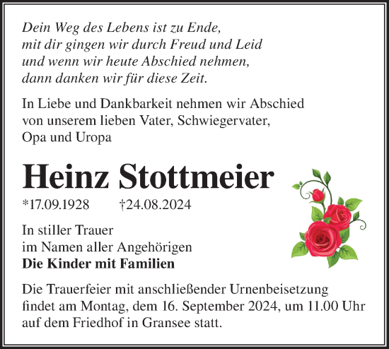 Traueranzeige von Heinz Stottmeier von Märkische Oderzeitung