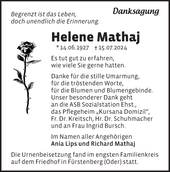 Traueranzeige von Helene Mathaj von Märkische Oderzeitung