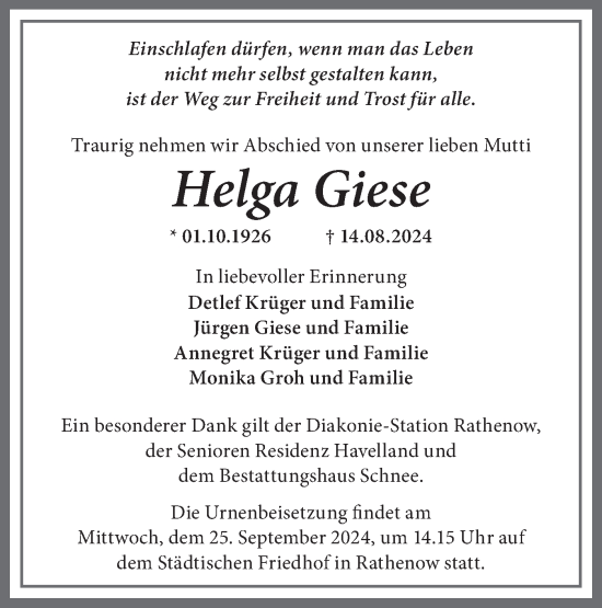 Traueranzeige von Helga Giese von Märkische Oderzeitung