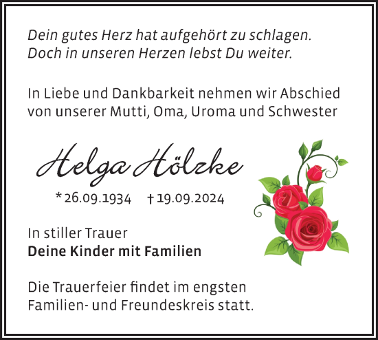 Traueranzeige von Helga Hölzke von Märkische Oderzeitung