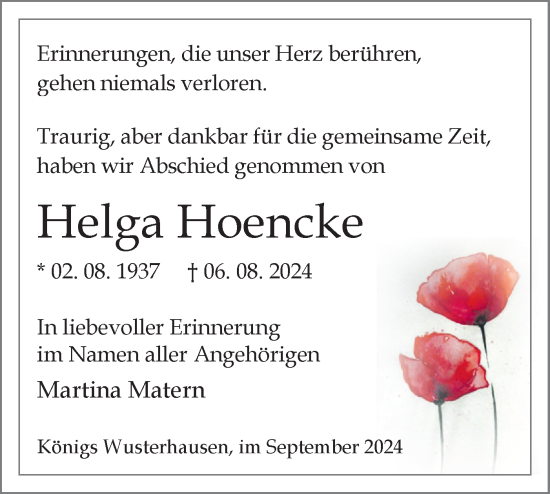 Traueranzeige von Helga Hoencke von Märkische Oderzeitung