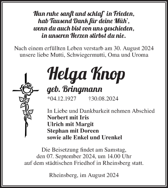 Traueranzeige von Helga Knop von Märkische Oderzeitung