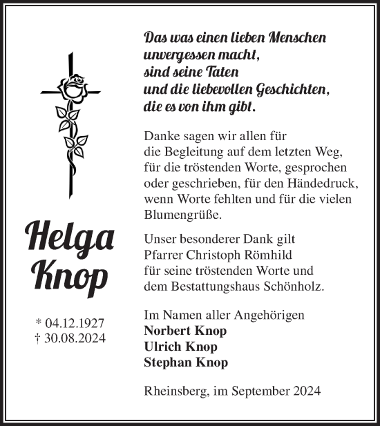 Traueranzeige von Helga Knop von Märkische Oderzeitung