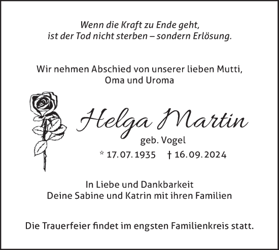 Traueranzeige von Helga Martin von Märkische Oderzeitung